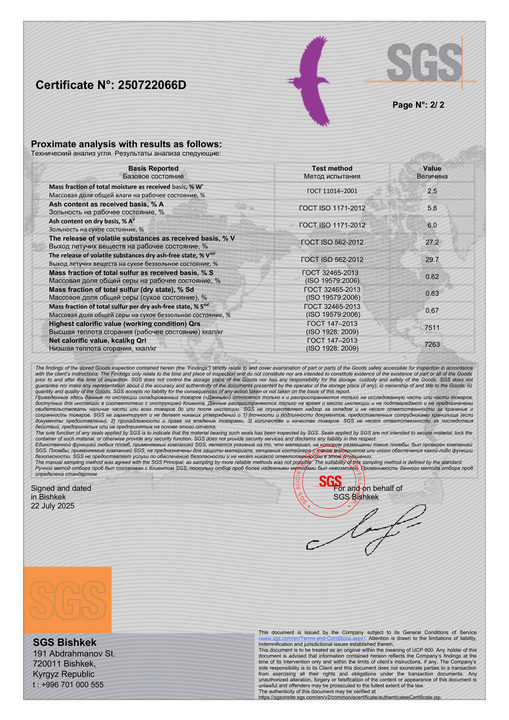 Сертификат 250722066D, SGS Bishkek